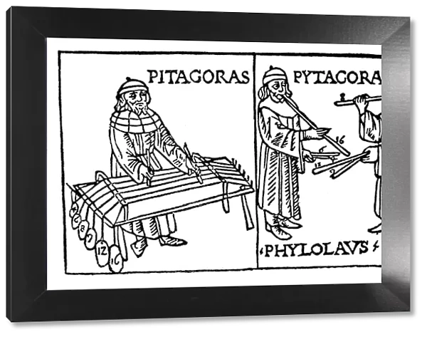 Pythagoras (560-480 BC), Greek philosopher and scientist, demonstrating mathematical relationships