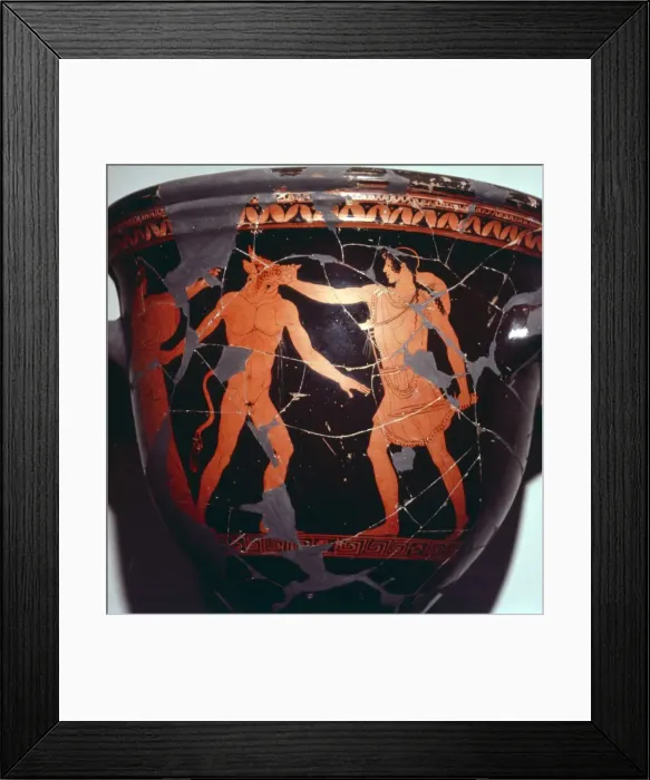 Framed Print : Theseus kills the Minotaur (with Ariadne present), Greek Vase painting, 5th Century BC. Artist: Hermonax Framed Print : Theseus kills the Minotaur (with Ariadne present), Greek Vase painting, 5th Century BC. Artist: Hermonax