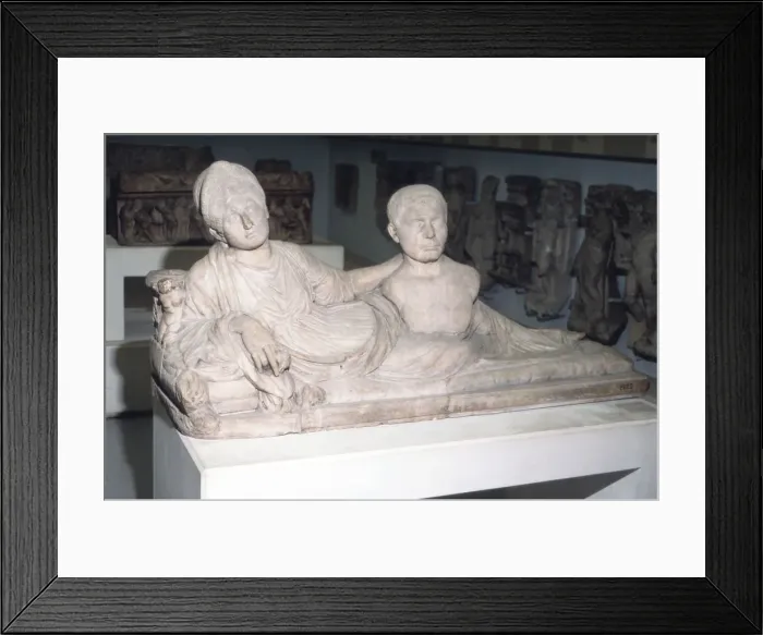 Framed Print : Sarcophagus woman holds bust of husband, c100-c110 Framed Print : Sarcophagus woman holds bust of husband, c100-c110