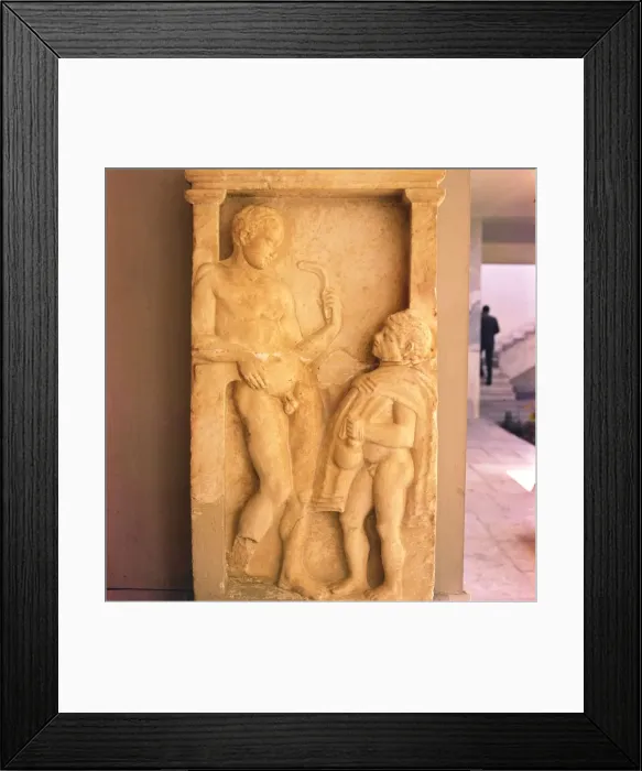 Framed Print : Greek Relief of Young man holding Strygil with Boy holding Oil Vessel, c400 BC Framed Print : Greek Relief of Young man holding Strygil with Boy holding Oil Vessel, c400 BC