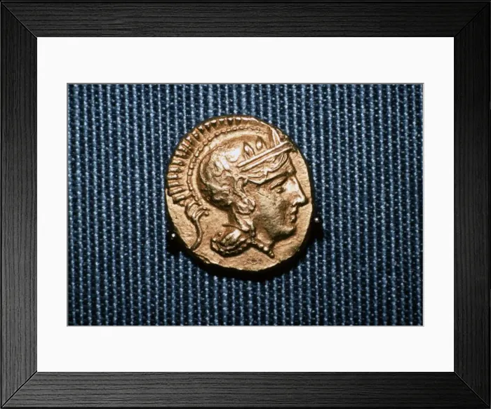 Framed Print : Head of Athena on a coin struck by Lachares during his attempt at coup, 300BC-295 BC Framed Print : Head of Athena on a coin struck by Lachares during his attempt at coup, 300BC-295 BC