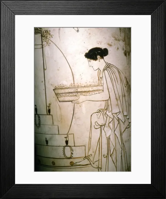 Framed Print : Greek Vase-Painting, A woman brings offering to an altar, c5th century BC Framed Print : Greek Vase-Painting, A woman brings offering to an altar, c5th century BC