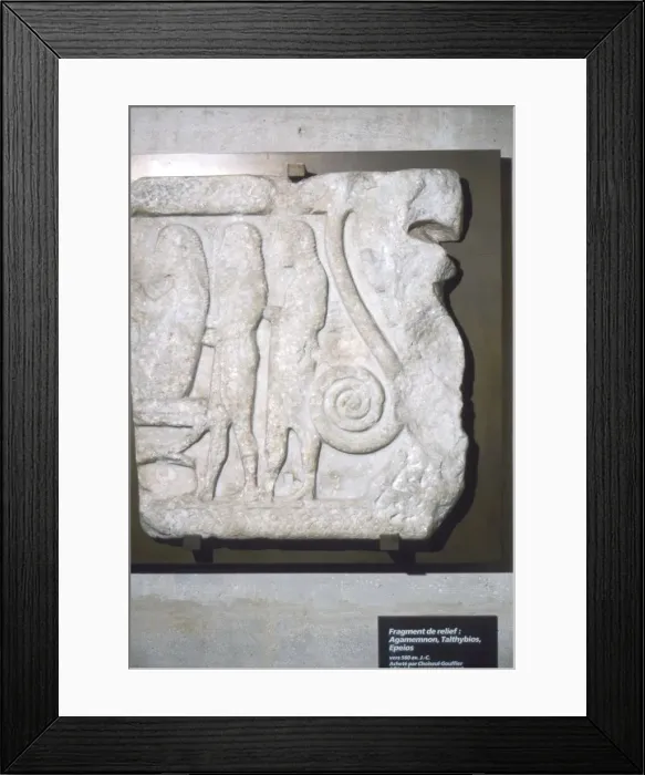 Framed Print : Greek relief, Agamemnon seated left with Talthybis and Epeios, c5th century BC Framed Print : Greek relief, Agamemnon seated left with Talthybis and Epeios, c5th century BC