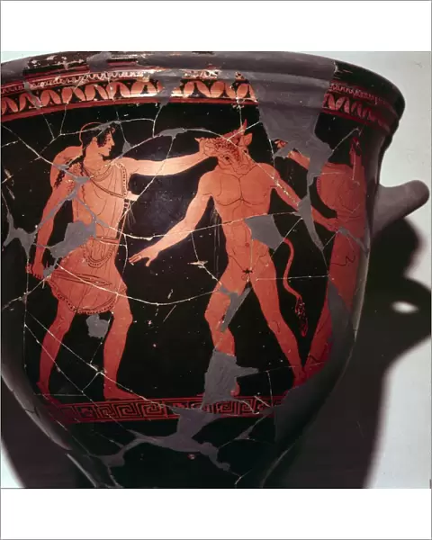 Theseus kills the Minotaur (with Ariadne present), Greek Vase painting, 5th Century BC. Artist: Hermonax