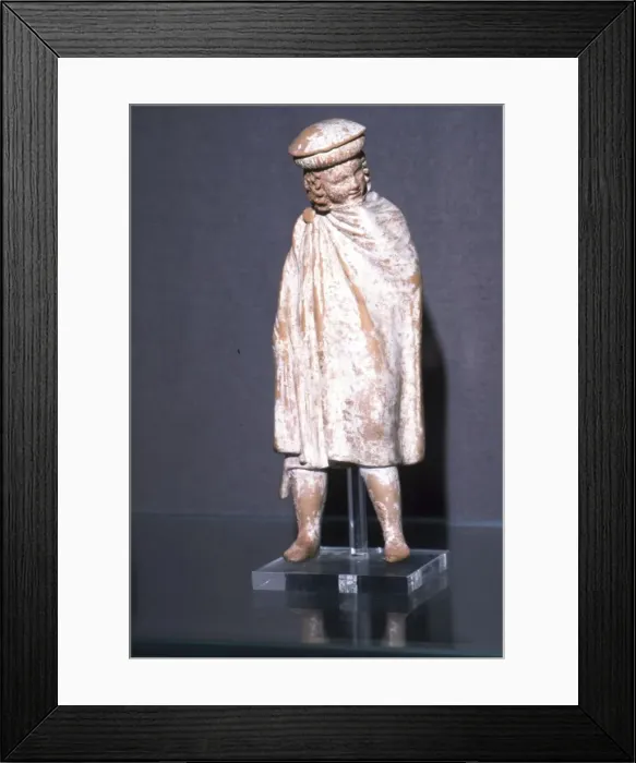 Framed Print : Greek Terracotta Boy wearing Cloak, Athens, 300 BC Framed Print : Greek Terracotta Boy wearing Cloak, Athens, 300 BC