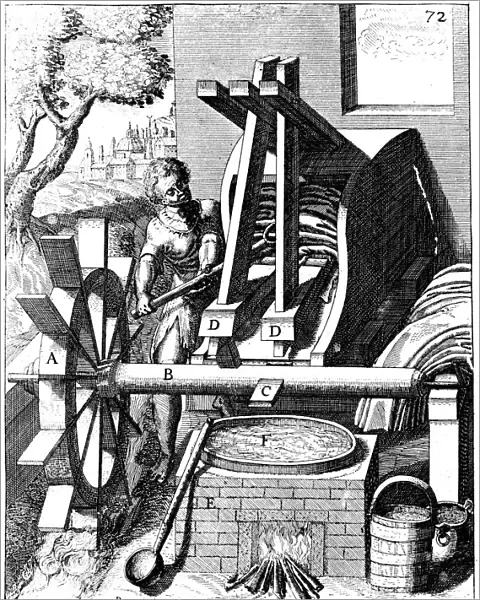 Undershot water wheel powering a fulling mill, Copperplate Engraving, 1673. Artist: Georg Andreas Bockler