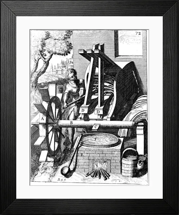 Framed Print : Undershot water wheel powering a fulling mill, Copperplate Engraving, 1673. Artist: Georg Andreas Bockler Framed Print : Undershot water wheel powering a fulling mill, Copperplate Engraving, 1673. Artist: Georg Andreas Bockler