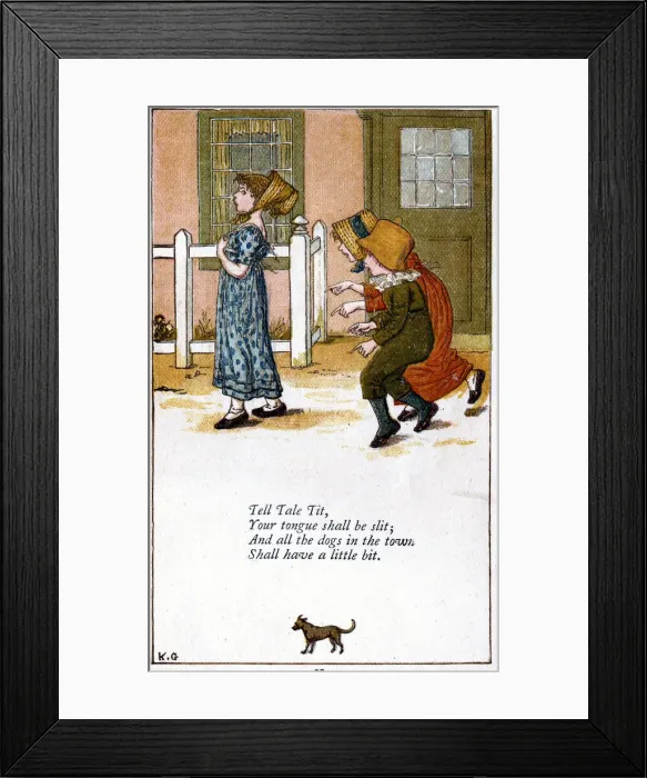 Framed Print : Illustration for Tell tale tit / your tounge shall be slit, Kate Greenaway (1846-1901). Artist: Catherine Greenaway Framed Print : Illustration for Tell tale tit / your tounge shall be slit, Kate Greenaway (1846-1901). Artist: Catherine Greenaway