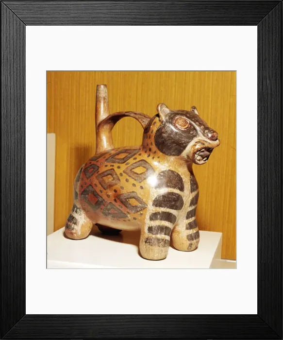 Framed Print : Painted pottery Bridge and Spout vessel in the form of a Jaguar, Tiahuanaco, Peru, 100-600 Framed Print : Painted pottery Bridge and Spout vessel in the form of a Jaguar, Tiahuanaco, Peru, 100-600
