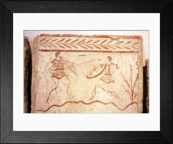 Framed Print : Men fighting with shields, Paestum, c4th century BC Framed Print : Men fighting with shields, Paestum, c4th century BC