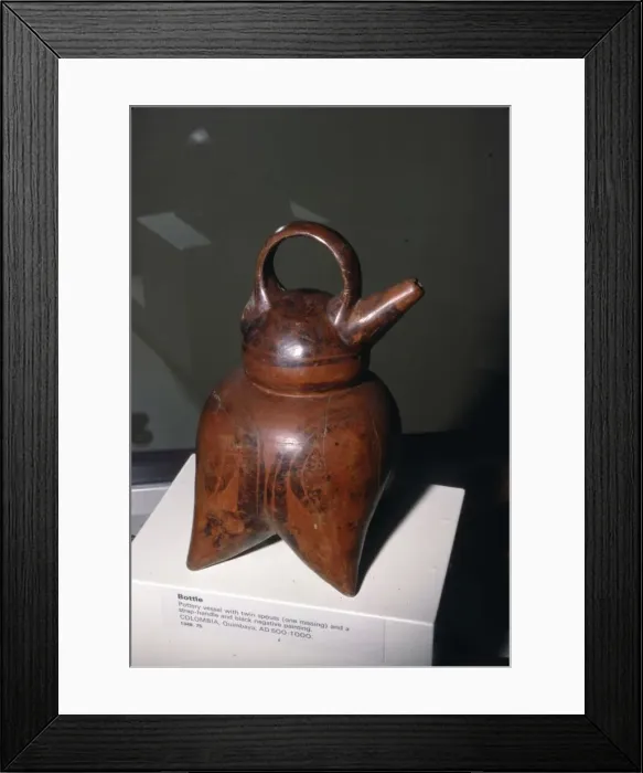 Framed Print : Pottery vessel with twin spouts (one missing) and strap-handle, Quimbaya, Columbia, 500-1000 Framed Print : Pottery vessel with twin spouts (one missing) and strap-handle, Quimbaya, Columbia, 500-1000