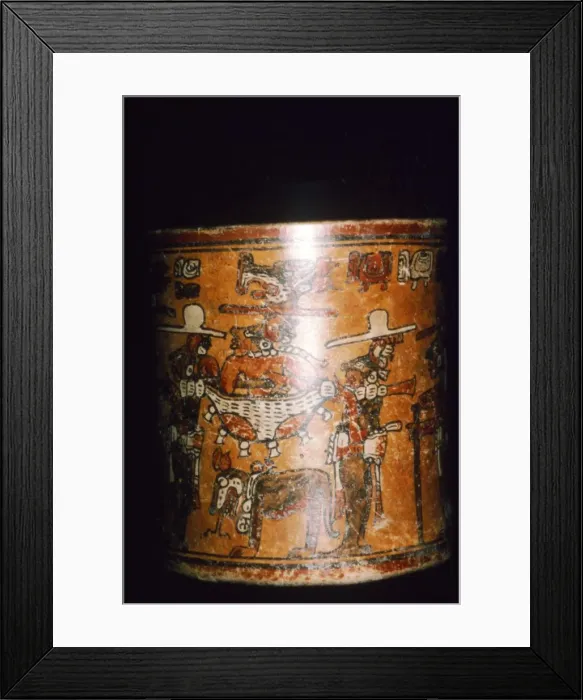 Framed Print : Maya painted jar: man in jaguar-skin litter from Guatemala Framed Print : Maya painted jar: man in jaguar-skin litter from Guatemala