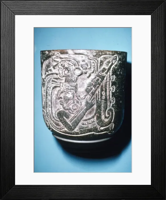 Framed Print : Mayan Pot of Man in high animal head-dress holding staff with lotus flower Framed Print : Mayan Pot of Man in high animal head-dress holding staff with lotus flower