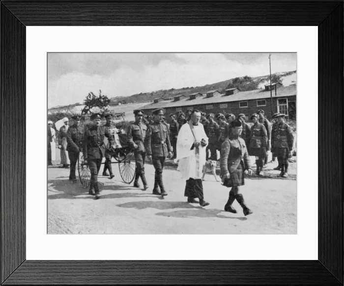 Framed Print : Army chaplain officiating at funeral of nurse killed in air raid on British base near Etables, 1918 Framed Print : Army chaplain officiating at funeral of nurse killed in air raid on British base near Etables, 1918