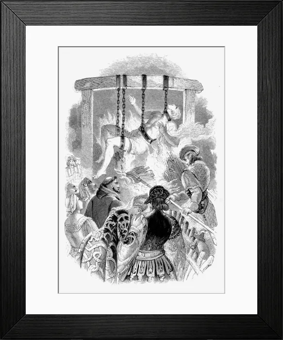 Framed Print : John Oldcastle, Lollard leader, hung and burnt hanging for denying transubstantiation, 1417(1848) Framed Print : John Oldcastle, Lollard leader, hung and burnt hanging for denying transubstantiation, 1417(1848)