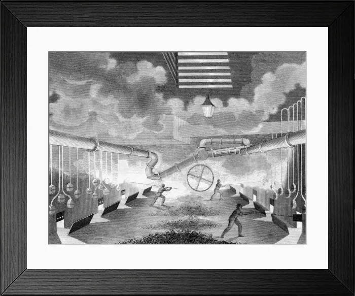 Framed Print : General view of a gas works, showing retorts being charged, 1835. Artist: Charles Partington Framed Print : General view of a gas works, showing retorts being charged, 1835. Artist: Charles Partington
