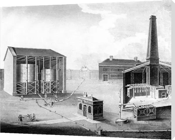 Illustration showing the working spaces of a gas works, 1828