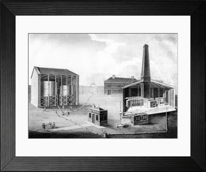 Framed Print : Illustration showing the working spaces of a gas works, 1828 Framed Print : Illustration showing the working spaces of a gas works, 1828