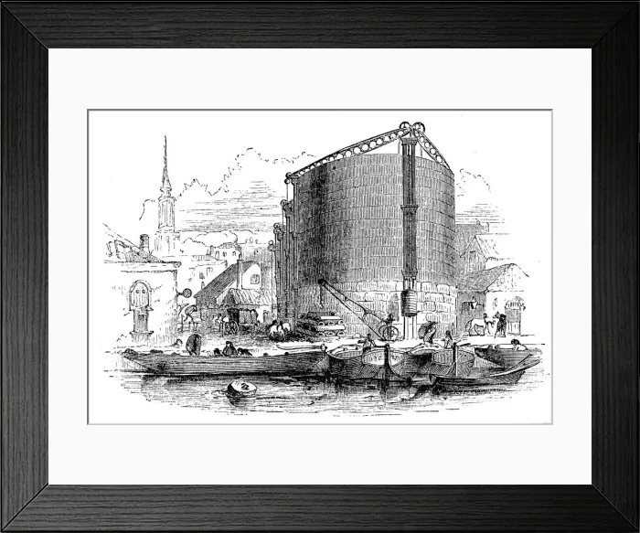 Framed Print : Exterior view of City of London Gasworks, showing gasometers and coal barges at the quay, 1876 Framed Print : Exterior view of City of London Gasworks, showing gasometers and coal barges at the quay, 1876