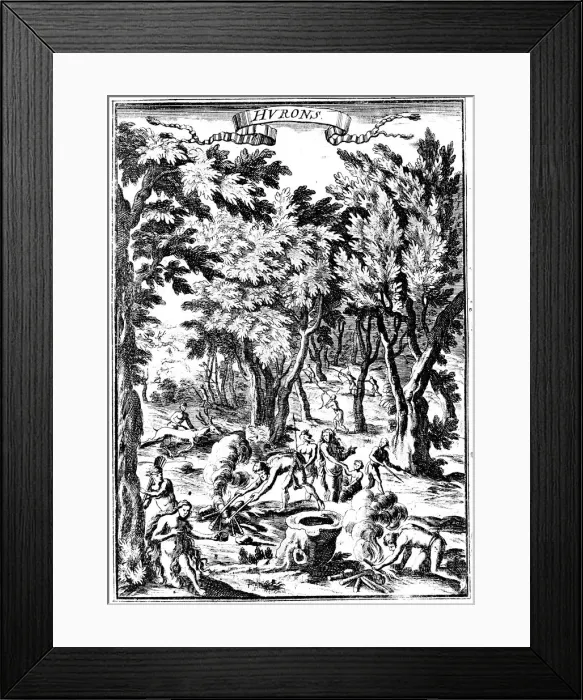 Framed Print : North American Huron Indians hunting and preparing food in woodland, 1686 Framed Print : North American Huron Indians hunting and preparing food in woodland, 1686