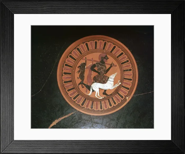 Framed Print : Detail of a Greek kylix showing a hunter and his dog Framed Print : Detail of a Greek kylix showing a hunter and his dog
