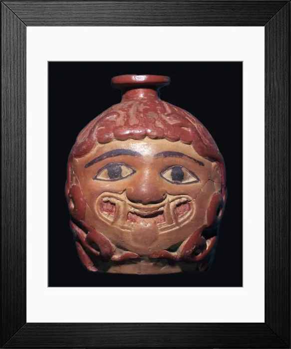 Framed Print : Greek terracotta scent bottle in the shape of a gorgons head made in Rhodes Framed Print : Greek terracotta scent bottle in the shape of a gorgons head made in Rhodes