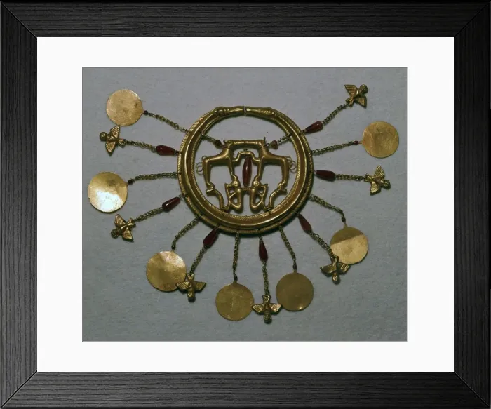 Framed Print : Gold earring from the Aegina treasure, 17th century BC Framed Print : Gold earring from the Aegina treasure, 17th century BC