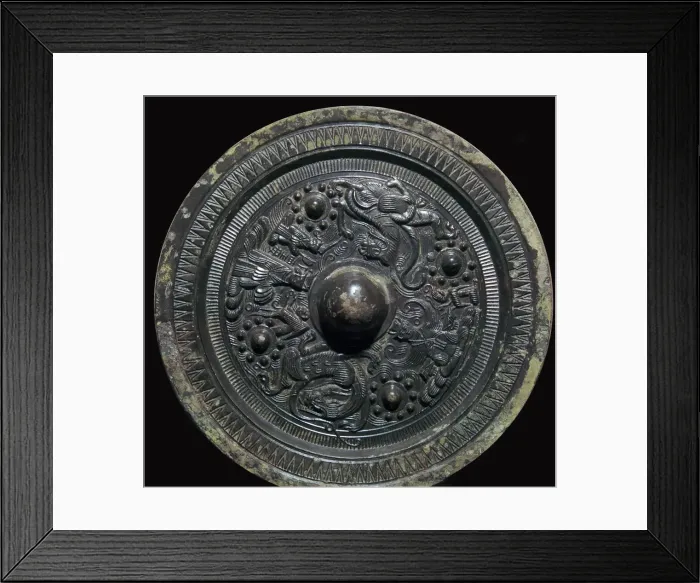 Framed Print : Chinese bronze mirror with figures of the Taoist gods, 2nd century Framed Print : Chinese bronze mirror with figures of the Taoist gods, 2nd century