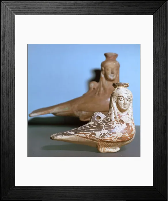 Framed Print : Greek terracotta in the shape of a siren, c570BC Framed Print : Greek terracotta in the shape of a siren, c570BC
