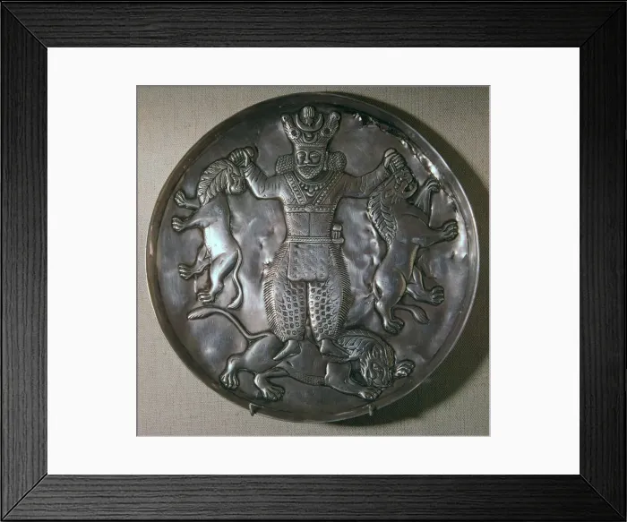 Framed Print : Sassanian dish showing a king holding lions Framed Print : Sassanian dish showing a king holding lions