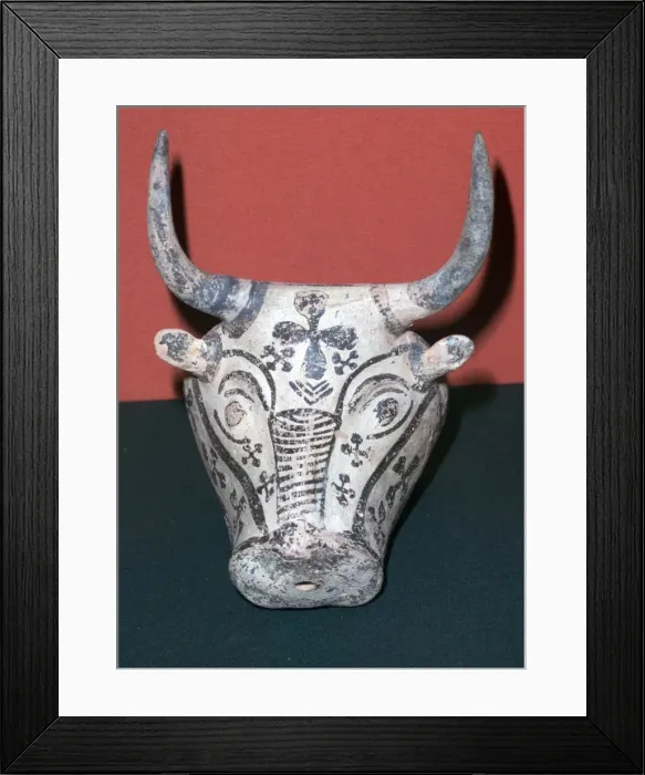 Framed Print : Mycenaean pottery rhyton in the shape of a Bulls Head, 14th century BC Framed Print : Mycenaean pottery rhyton in the shape of a Bulls Head, 14th century BC