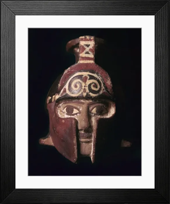 Framed Print : Greek terracotta scent bottle in the shape of a helmeted head, 6th century BC Framed Print : Greek terracotta scent bottle in the shape of a helmeted head, 6th century BC