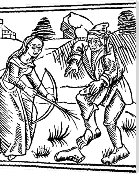 Witch shooting a man in the foot with an enchanted arrow made from a hazel wand, 1489