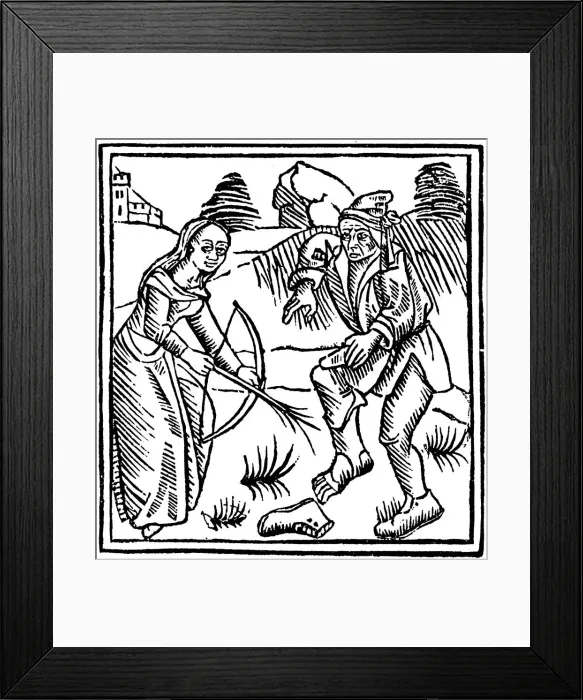 Framed Print : Witch shooting a man in the foot with an enchanted arrow made from a hazel wand, 1489