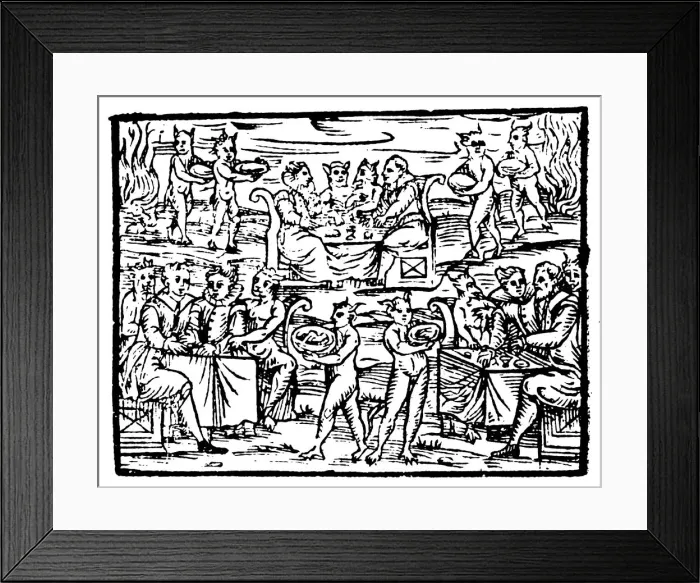 Framed Print : Witches and sorcerers feasting at the Sabbath, 1608 Framed Print : Witches and sorcerers feasting at the Sabbath, 1608