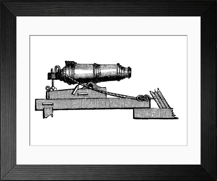 Framed Print : Carronade, short piece of naval ordnance with large calibre chamber, like a mortar, 1850 Framed Print : Carronade, short piece of naval ordnance with large calibre chamber, like a mortar, 1850