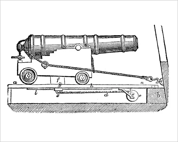 Ship cannon on gun carriage. Woodcut, 1835