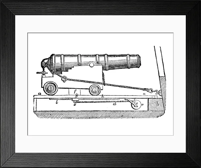 Framed Print : Ship cannon on gun carriage. Woodcut, 1835 Framed Print : Ship cannon on gun carriage. Woodcut, 1835