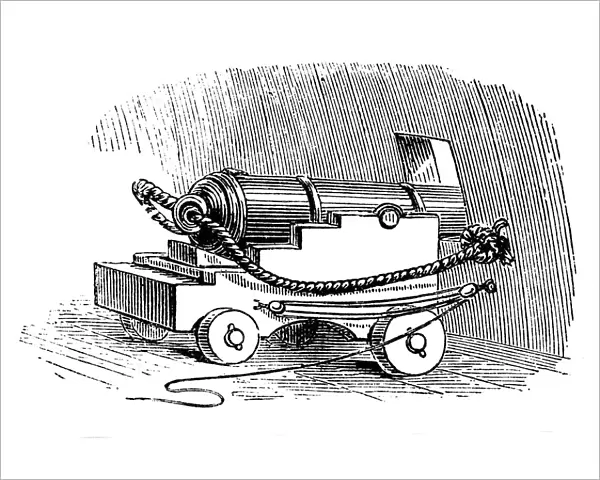 Ship cannon on gun carriage, Wood engraving, 1884
