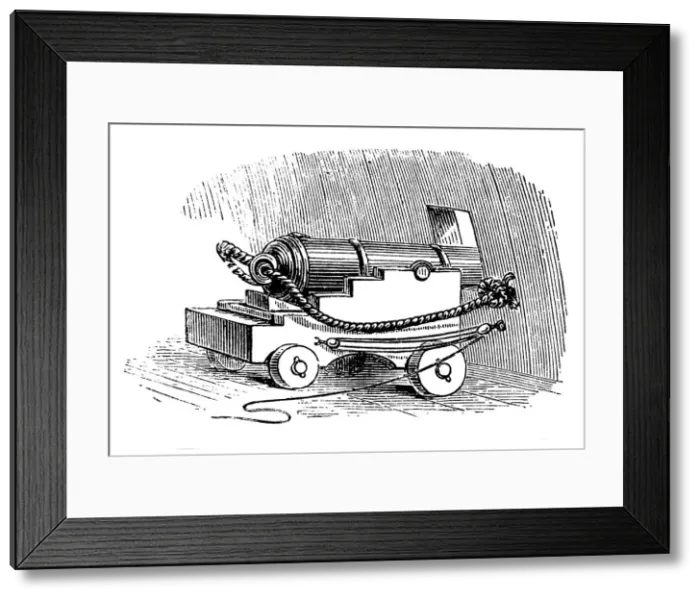 Framed Print : Ship cannon on gun carriage, Wood engraving, 1884 Framed Print : Ship cannon on gun carriage, Wood engraving, 1884