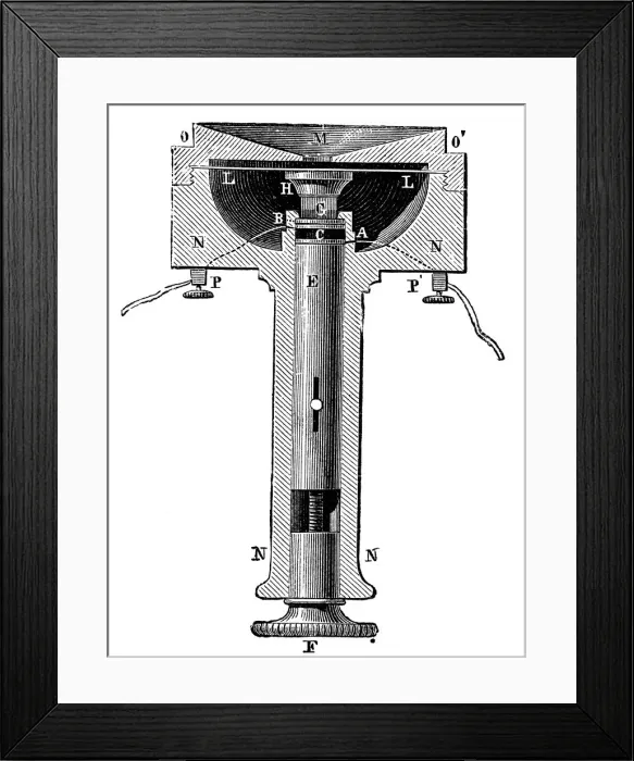 Framed Print : Cross-section of Edisons lamp-black (carbon) button telephone transmitter (microphone), c1891 Framed Print : Cross-section of Edisons lamp-black (carbon) button telephone transmitter (microphone), c1891