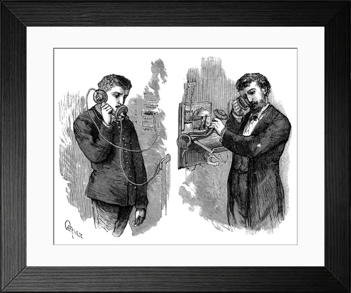 Framed Print : New York telephone subscriber making call through operator at telephone exchange, 1883 Framed Print : New York telephone subscriber making call through operator at telephone exchange, 1883