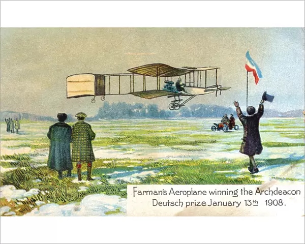Henri Farman, French aviator, winning prize for first circular kilometre flight, Paris, Jan 1908