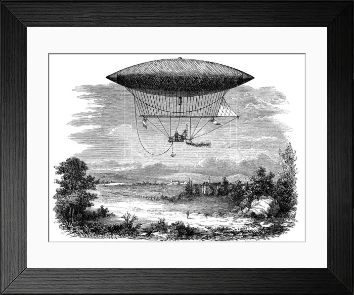 Framed Print : Henri Giffards steam powered steerable (dirigible) airship, 1852 Framed Print : Henri Giffards steam powered steerable (dirigible) airship, 1852
