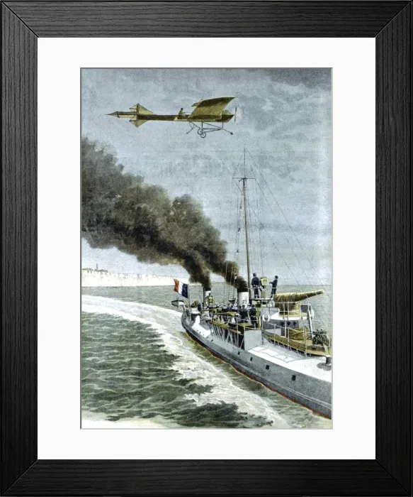 Framed Print : Hubert Latham attempting to fly his Antoinette monoplane across the English Channel, 1909 Framed Print : Hubert Latham attempting to fly his Antoinette monoplane across the English Channel, 1909