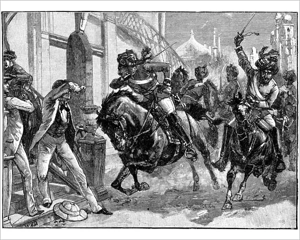 Mounted rebel Sepoys charging through the streets of Delhi, Indian Mutiny, May 1857 (c1895)
