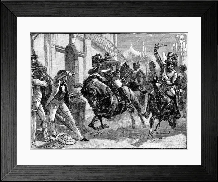 Framed Print : Mounted rebel Sepoys charging through the streets of Delhi, Indian Mutiny, May 1857 (c1895) Framed Print : Mounted rebel Sepoys charging through the streets of Delhi, Indian Mutiny, May 1857 (c1895)
