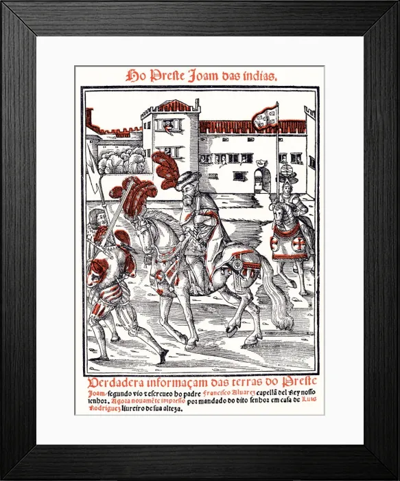 Framed Print : Prester John, legendary Christian priest-king, riding out from a city, 1540 Framed Print : Prester John, legendary Christian priest-king, riding out from a city, 1540