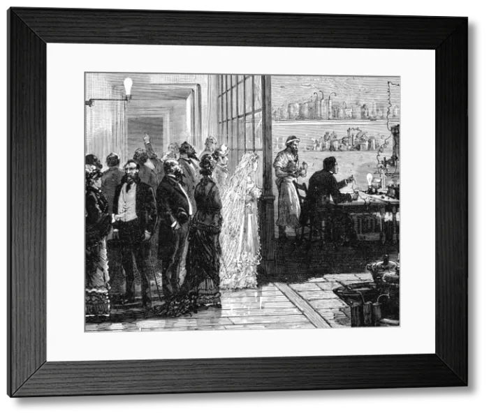 Framed Print : Thomas Edison experimenting with electric lamps on his wedding day, 1871 (1883) Framed Print : Thomas Edison experimenting with electric lamps on his wedding day, 1871 (1883)