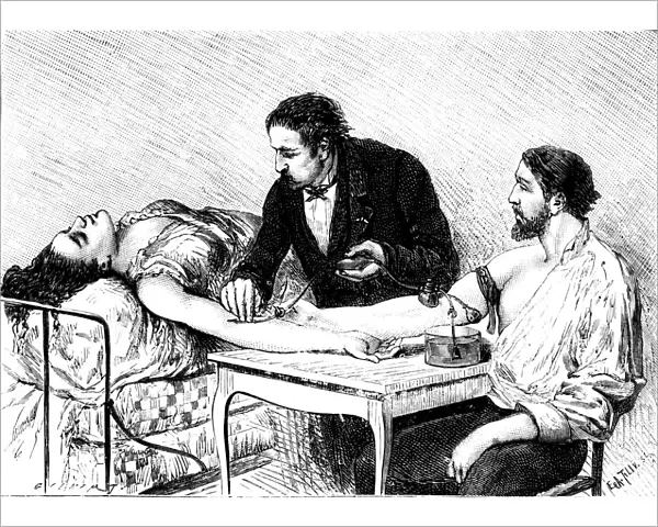 Dr Roussell of Geneva giving a woman a direct blood transfusion from a volunteer, 1882